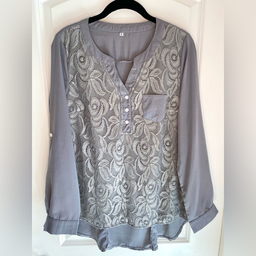 Button And Lace 3/4 Sleeve Blouse Grey Size M